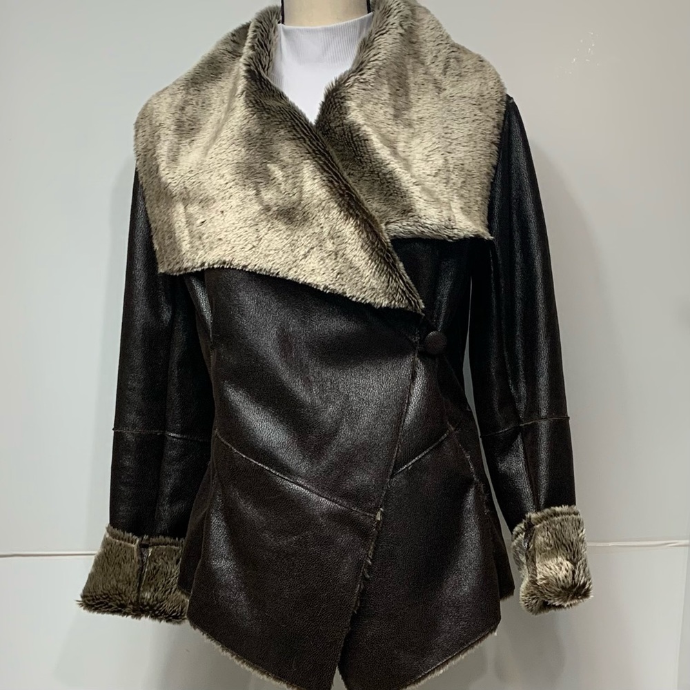 Saks Fifth Ave Blue Faux Fur and Leather Wrap Jacket